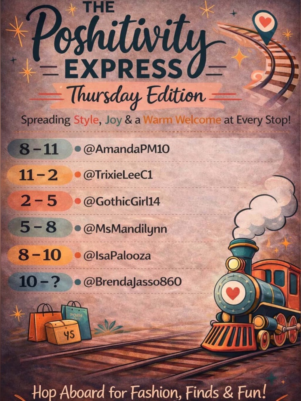 Come join the Poshitivity Express 🚂 Share Show Train on Thursday! ❤️